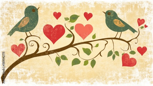 Two charming birds sit side by side on a leafy branch, surrounded by red hearts, illustrating a sweet expression of love and caring for Valentine's Day