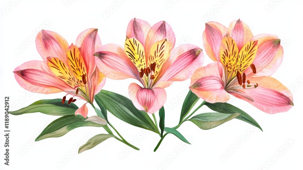 watercolor of three pink and yellow flowers with green leaves on a white background watercolor of three pink and yellow flowers with green leaves on a white background