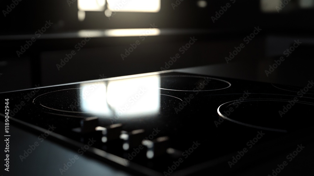 Modern black glass top stove in a dark kitchen. Modern black glass top stove in a dark kitchen.