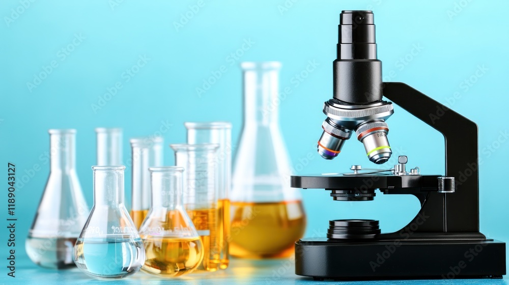 Microscope and laboratory glassware with yellow and blue liquids on a blue background. Microscope and laboratory glassware with yellow and blue liquids on a blue background.