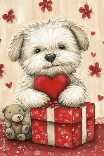 A fluffy dog embraces a red heart while sitting beside an adorable teddy bear and a beautifully wrapped gift. This captures the essence of love and caring