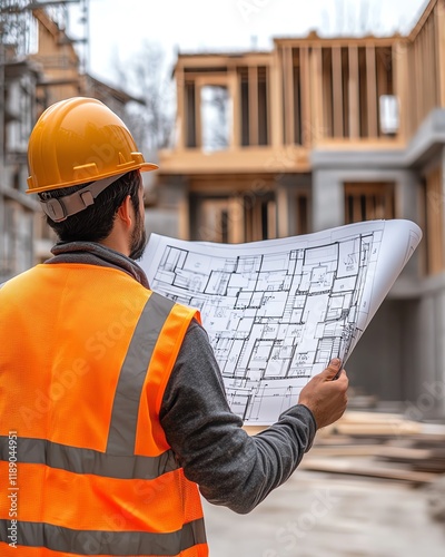 A construction worker holding a rolledup blueprint of a luxury home, wearing a hard hat and safety vest, with the houses framework in the background, detailed, crisp lines