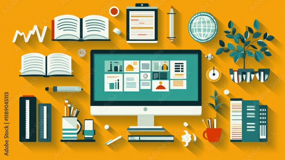 Flat lay of workspace with computer, books, plants, and office supplies on yellow background. Flat lay of workspace with computer, books, plants, and office supplies on yellow background.