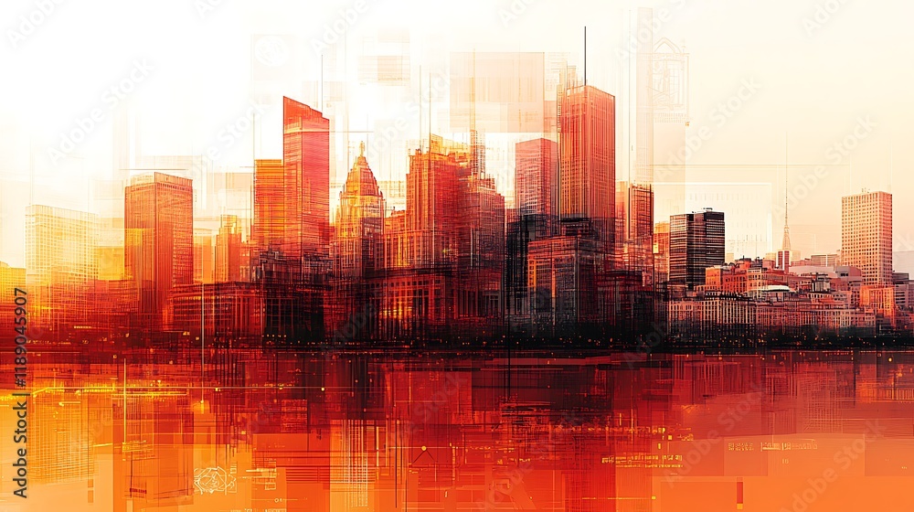 Obraz premium Abstract Urban Skyline with Central Bank Symbols and Warm Tones
