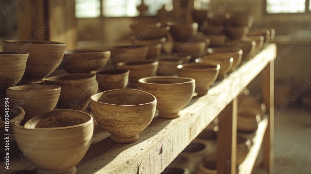 Rustic pottery bowls drying on wooden shelves in a sunlit workshop. Rustic pottery bowls drying on wooden shelves in a sunlit workshop.