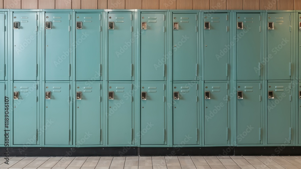Fototapeta premium Metal lockers, school hallway, institutional green, weathered paint, rows of lockers, combination locks, industrial design, retro aesthetic, vintage school, institutional interior, storage units, nost