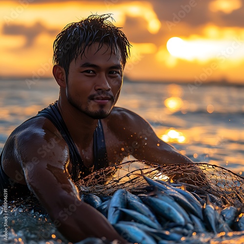 Candid Portrait of a Filipino Fisherman with Sunset Background photo