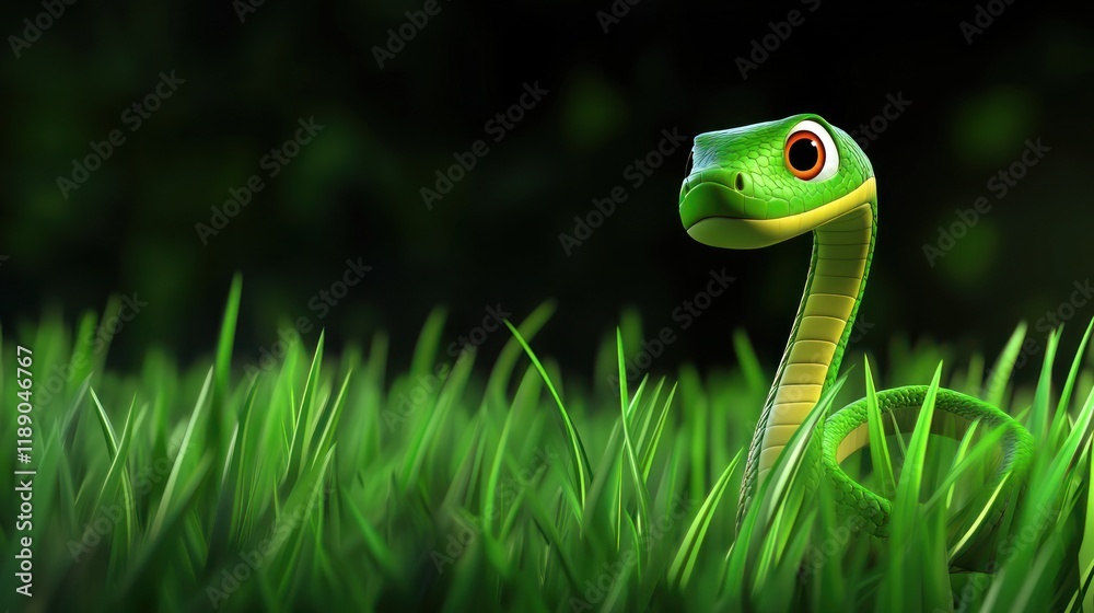 Fototapeta premium Adorable cartoon green snake peeking from tall grass in dark background.