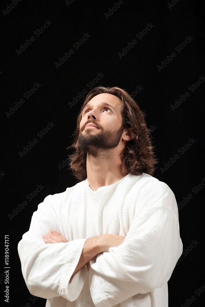Contemplative Man in White Robe Against Dark Background - Reflective Mood. Contemplative Man in White Robe Against Dark Background - Reflective Mood.