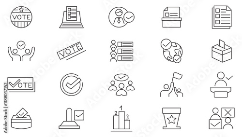 Election and Voting line icon set. Voter registration, election day, campaign rally, polling station, absentee ballot, early voting, voter id, ballot line icon set. Ui thin line icon pack.