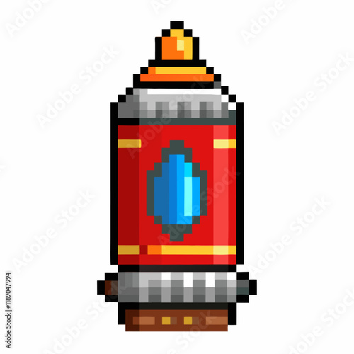 Pixel Art Aerosol Spray Can with Red and Blue Design on White Background