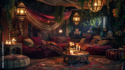 Cozy bohemian lounge with lanterns and cushions