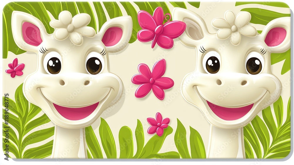 Naklejka premium Two cute cartoon giraffes with flowers and leaves.