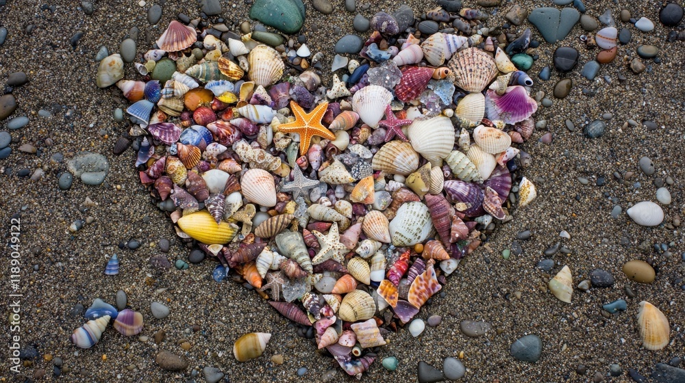 Colorful Seashell Heart on Sandy Beach Colorful Seashell Heart on Sandy Beach
