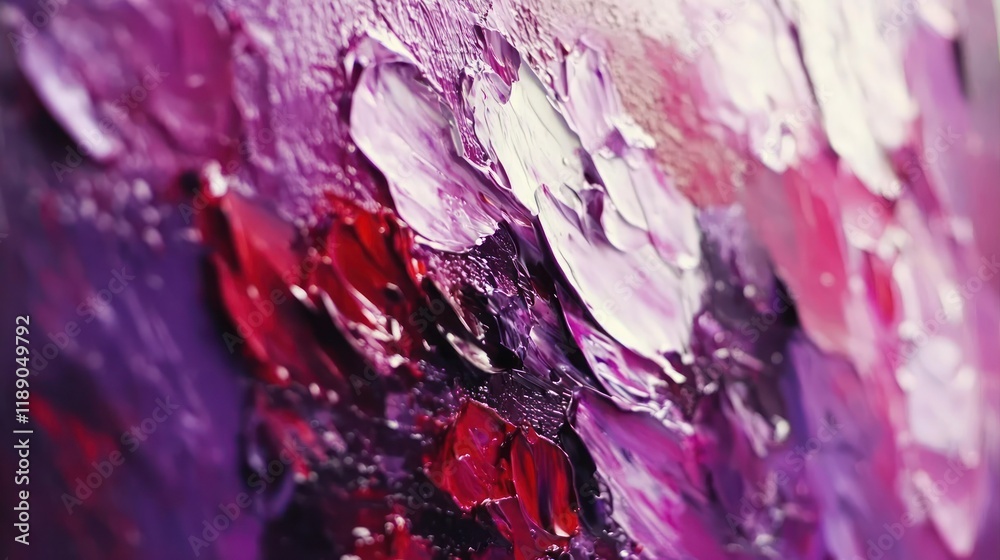 Obraz premium Close-up of impasto oil painting with purple, red, and white brushstrokes.