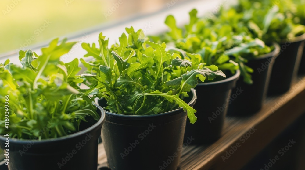 Fresh arugula plants in black pots on a windowsill, bathed in sunlight. Fresh arugula plants in black pots on a windowsill, bathed in sunlight.