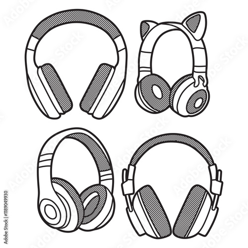 black and white vector lines, four headsets