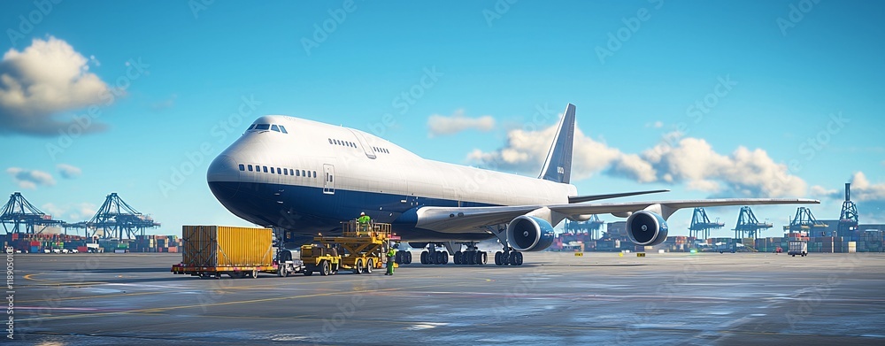 Aircraft loading process at industrial airport transport technology clear day aerial view