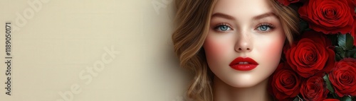 Woman with red roses adorning her face in a close-up portrait photography valentine day