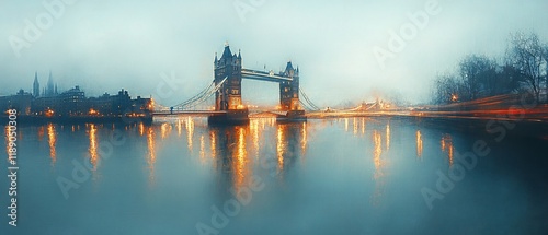 Foggy London Bridge sunrise; city skyline. Travel