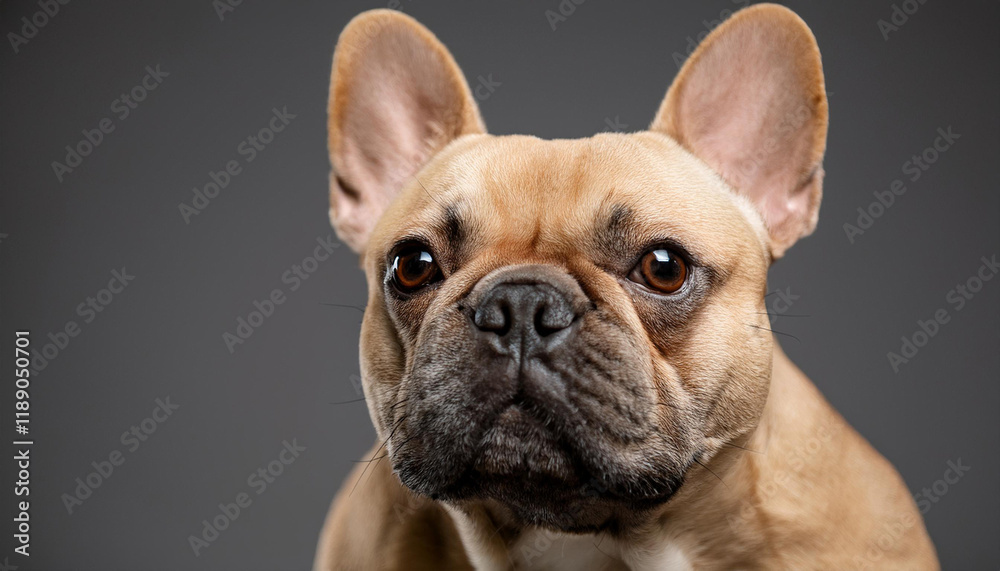 portrait of a fawn french bulldog sitting in opposition to a gray historical past