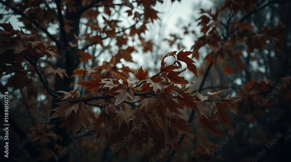 Autumn leaves on tree branches, moody atmosphere. Autumn leaves on tree branches, moody atmosphere.