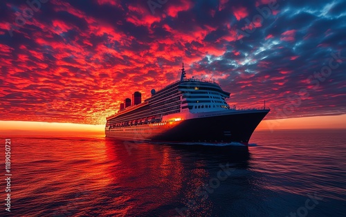 Cruise liner sailing through the calm ocean at sunset, with a colorful sky full of reds and oranges, the ship s silhouette contrasting against the vibrant horizon photo