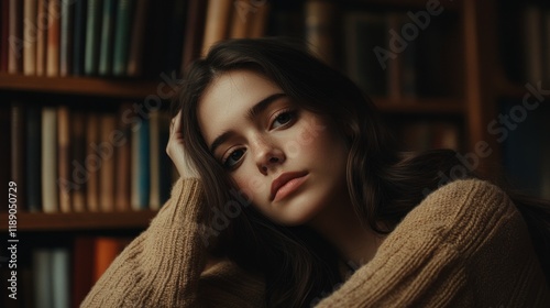Wallpaper Mural Pensive young woman with long brown hair resting her head on her hand in a library setting. Torontodigital.ca