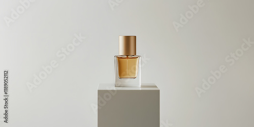 Amber perfume bottle on a minimalist white display.  Elegant and sophisticated fragrance packaging.
