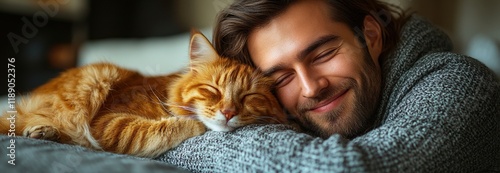 Man sitting on couch cuddling with a fluffy domestic cat in a cozy living room valentine day