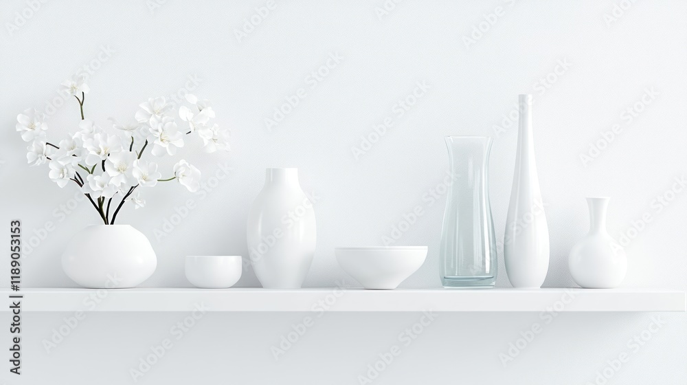 White minimalist home decor shelf with vases, bowl, and flowers. White minimalist home decor shelf with vases, bowl, and flowers.