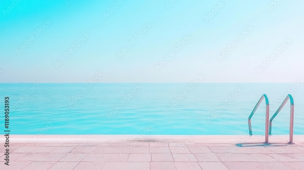Fototapeta premium Serene poolside view with ocean backdrop, pastel hues, empty, calm water, clear sky.