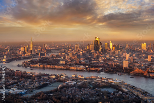 Photography Panoramic view of the urban skyline of London, England, with City skyscrapers an