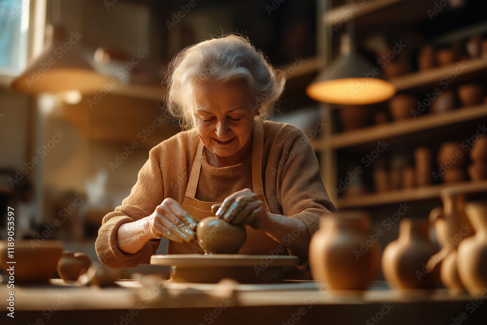 Elderly woman creating ceramic art in a bright pottery studio. Elderly woman creating ceramic art in a bright pottery studio.