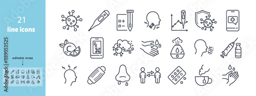Influenza virus line icon set. Thermometer, Hand Washing, Vaccine, Telemedicine, Runny Nose, Cough, Humidifier, Hot Drink, Social Distancing, Sore Throat vector illustration. Editable Strokes