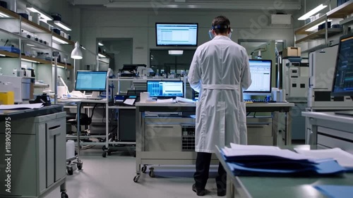 Scientist working on cutting-edge research late at night.