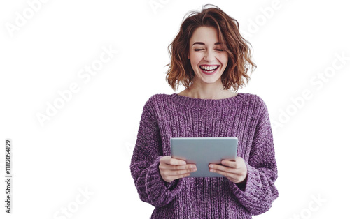Laughing woman in a purple sweater holding a tablet horizontally, exuding joy and confidence, with a clean white background.

