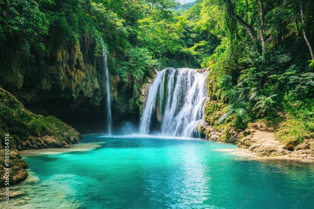 Fototapeta premium Lush Tropical Waterfall Cascades into Turquoise Pool