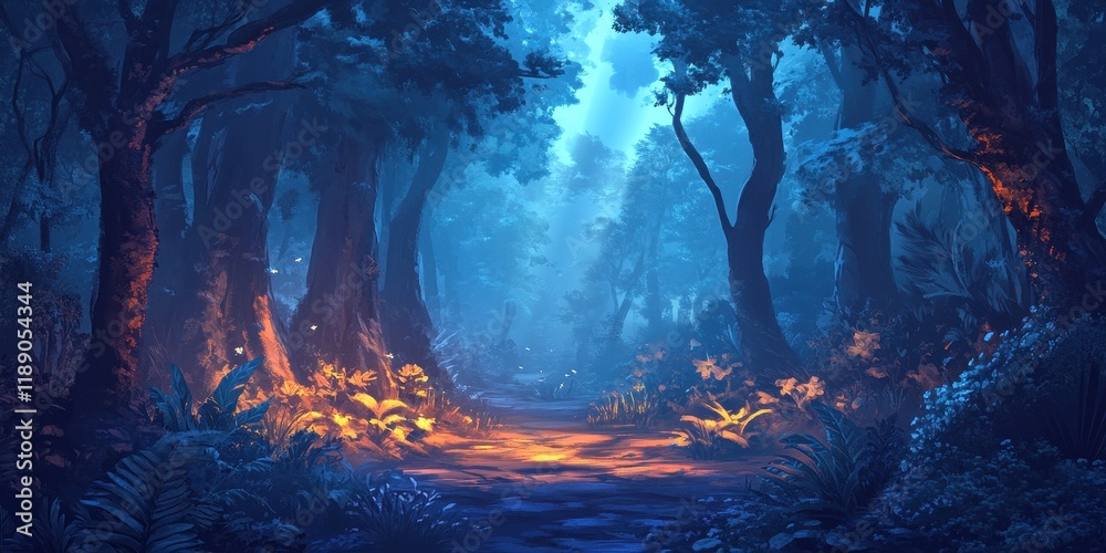 Obraz premium Enchanting Night Forest Path Illuminated With Warm Light