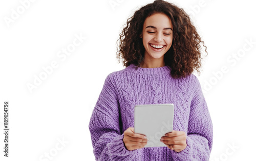 Laughing woman in a purple sweater holding a tablet horizontally, exuding joy and confidence, with a clean white background.

