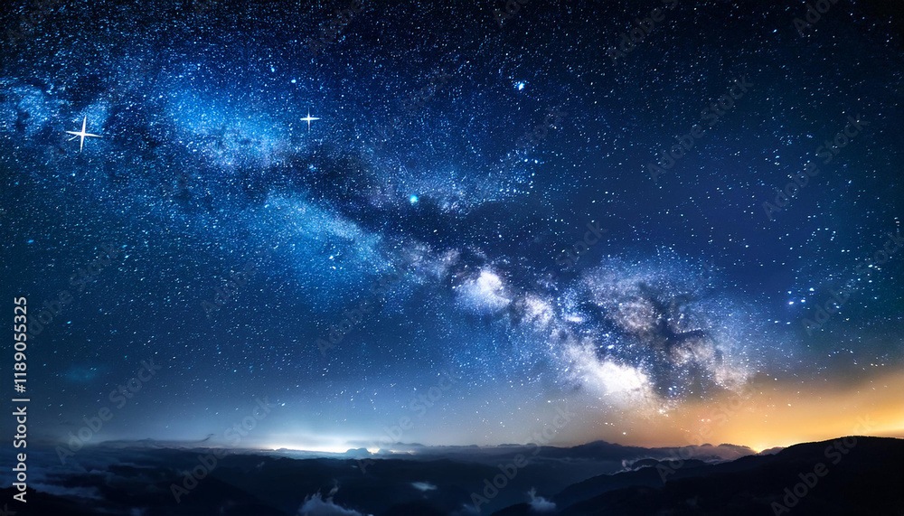 Naklejka premium night time sky and stars milky way space heritage packed with galaxies and clouds the darkish blue depths of the universe