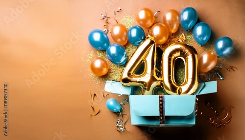 Number 40 birthday balloon celebration gift box lay flat explosion, copy space. Generated image