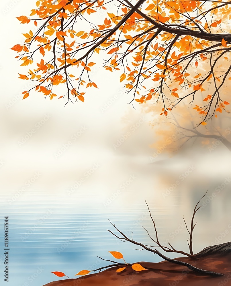 Autumnal lake scene with misty fog and orange leaves. Autumnal lake scene with misty fog and orange leaves.