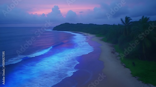 Bioluminescent Waves Crashing on Tropical Shore at Dusk