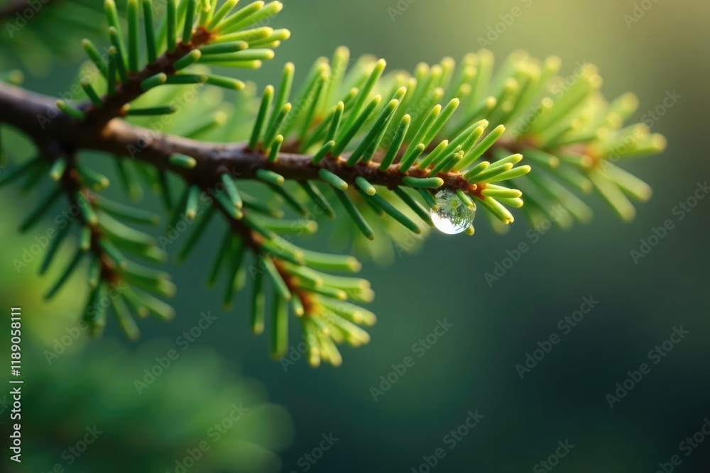 Tiny droplet of water cascading down a spruce branch, spring, nature Tiny droplet of water cascading down a spruce branch, spring, nature