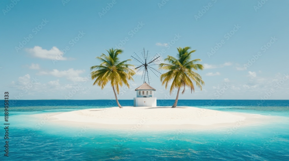 Secluded tropical island with palm trees and windmill. Secluded tropical island with palm trees and windmill.
