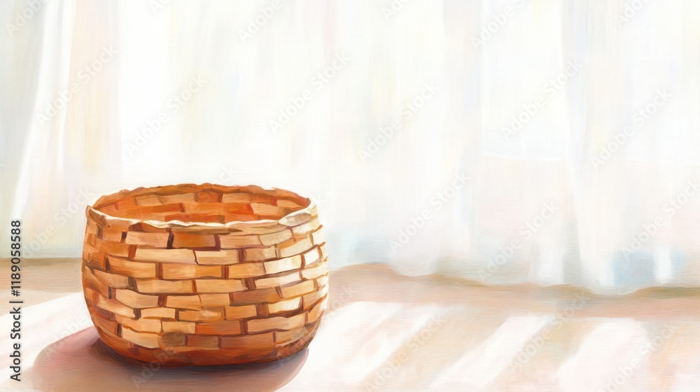 Obraz premium Light-filled room with empty wicker basket near sheer curtains.