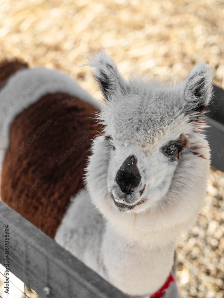 Obraz premium smiling alpaca portrait, llama, alpaca farm, funny animals