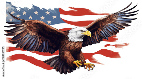 A realistic bald eagle with spread wings standing in front of an American flag background, symbolizing freedom, patriotism, and strength in stunning detail photo