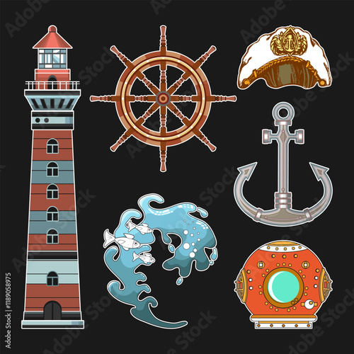 Marine collection including six objects - lighthouse, steering wheel, wave, captain's cap, anchor, diving helmet. Vector set